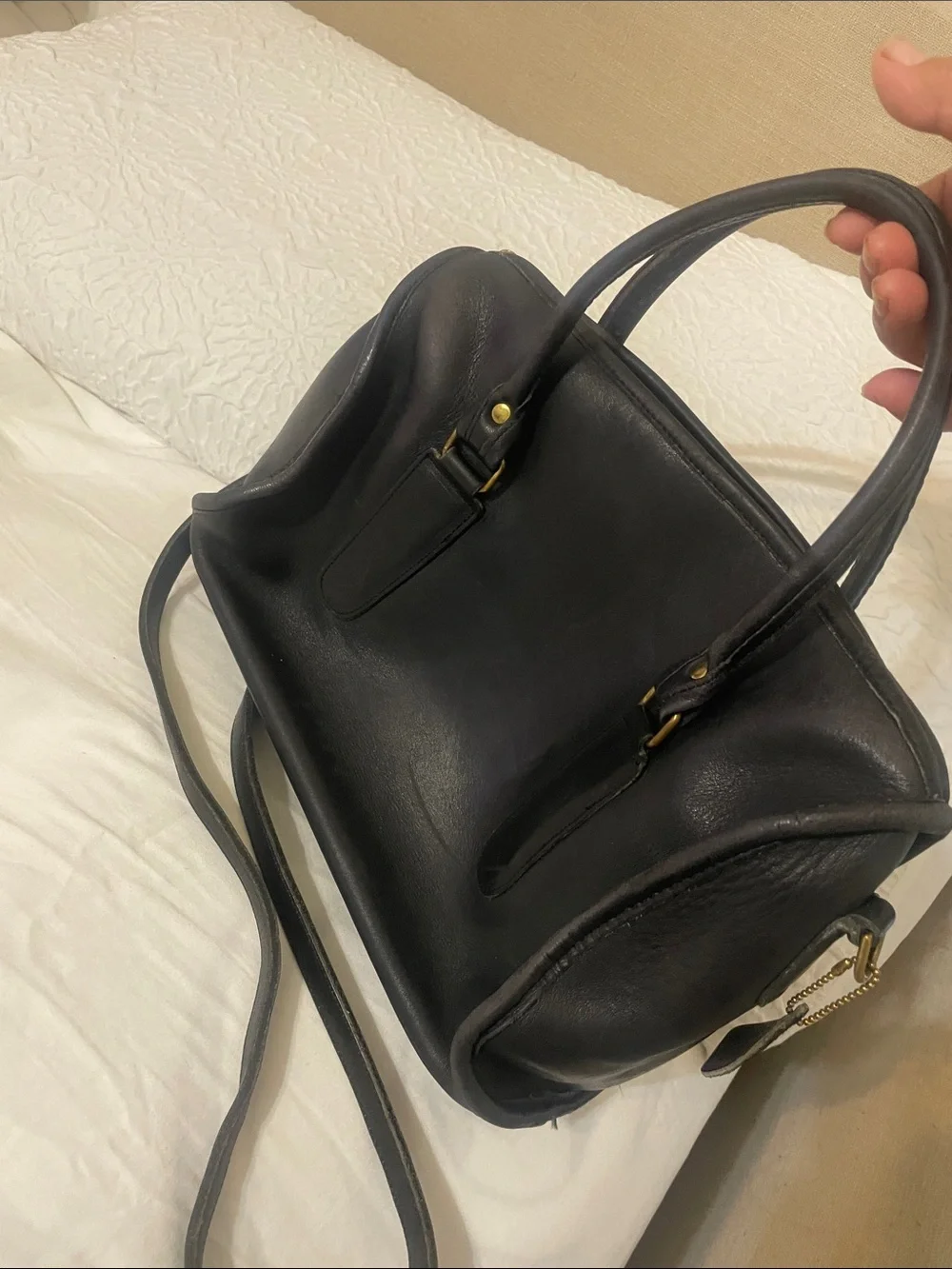 Coach Black Leather Double-Handle Satchel with Crossbody Strap